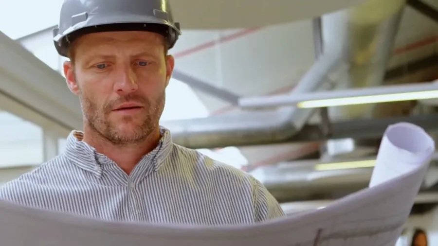Plumber in hard hat holding project plans for Contact Lakewood CA Plumbing Guys